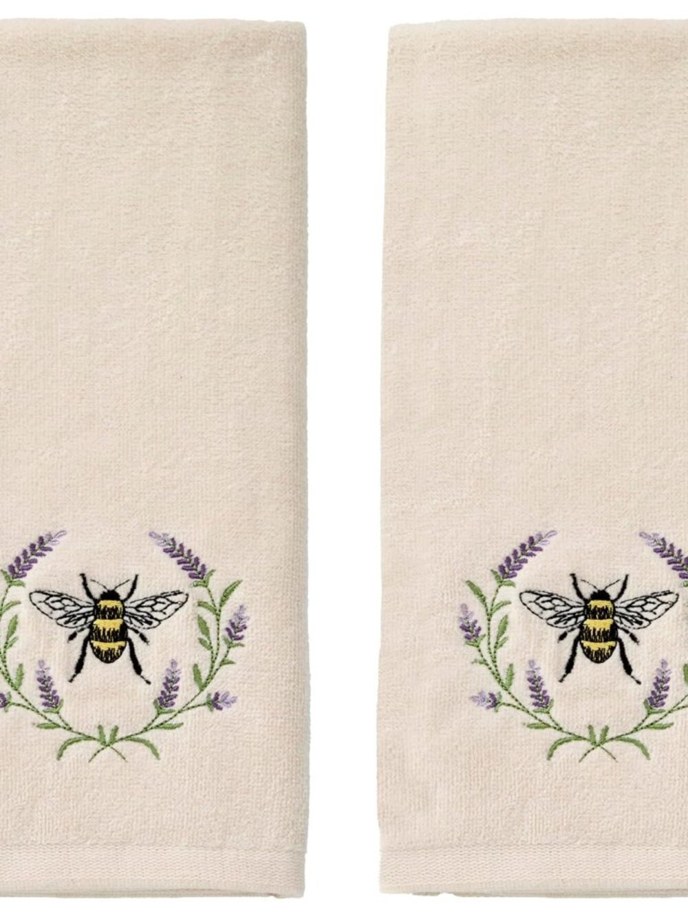 Bee Lavender Hand Towel Set-2pc, 100% Cotton, Embroidered, Natural